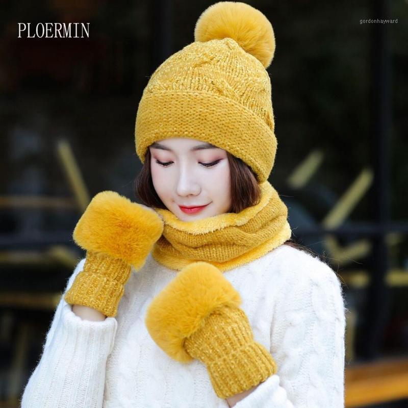 

Beanie/Skull Caps 2021 Winter Knitted Hats Scarf Set Women Chenille Warm Fur Pompom Beanie Hat Scarves Gloves Female Cap Girl Thick Hat1, Khaki