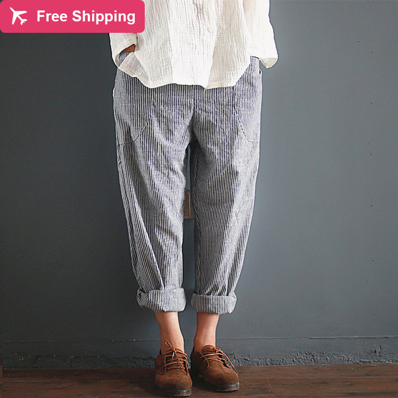 

Striped linen streetwear female capris with high waist hare women's pants plus size 5xl, Blue stripes