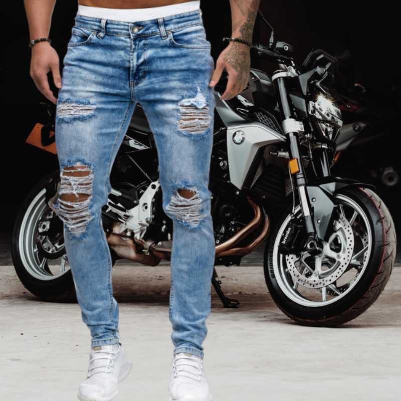

Hot Men Ripped Skinny Jeans Blue Biker Hole Pencil Pants Locomotive Party Casual Trousers Street Clothing Denim Men Clothing, Gray