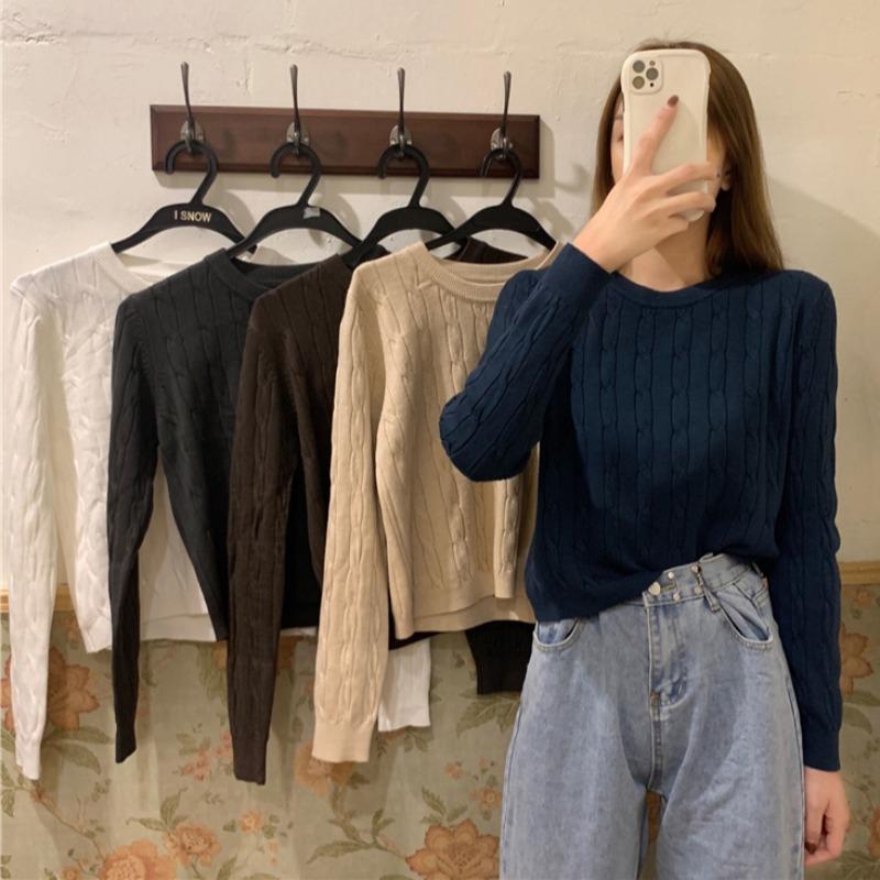

PEONFLY Korean Style Loose Sweater Women Pullover Casual O-neck Long Sleeve Knit Sweater Female Jumpers solid basic, Khaki