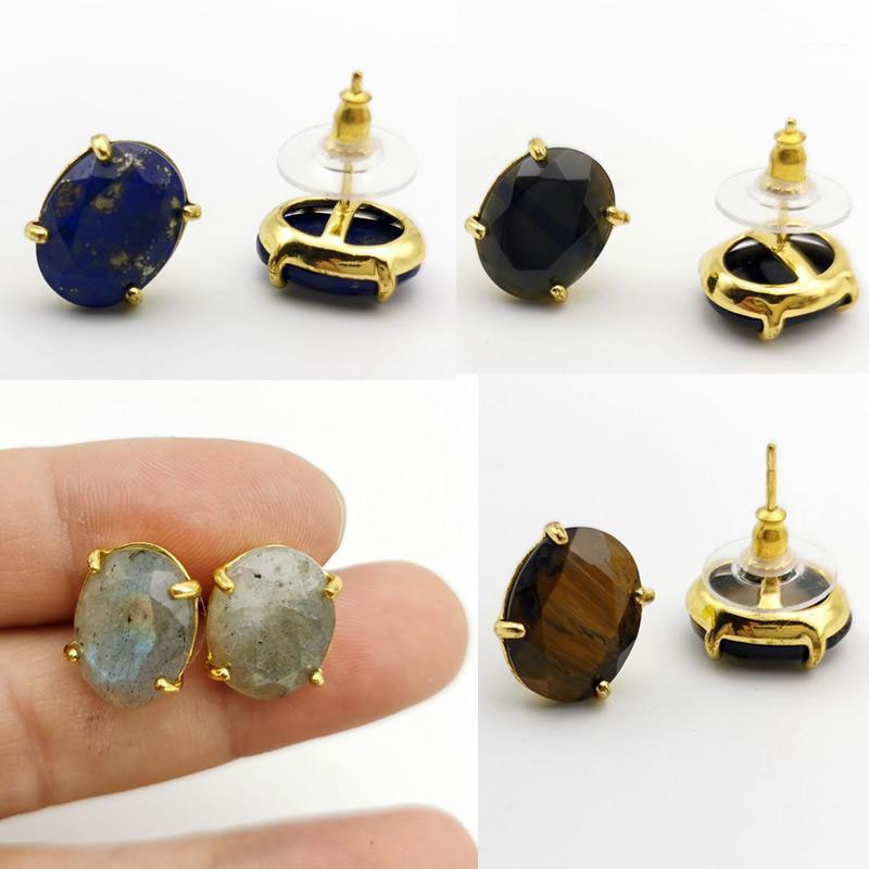 

Oval Shape Stud Earrings Silver Color Natural Stone Faceted Pink Quartz Crystal Tiger Eye Healing Jewelry Female1