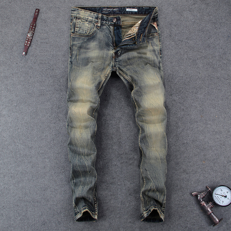 

2021 New Italian Vintage Style Fashion Men's High Quality Slim Fit Classical Men Denim Pants Brand Designer Basic Homme D51y, Retro yellow