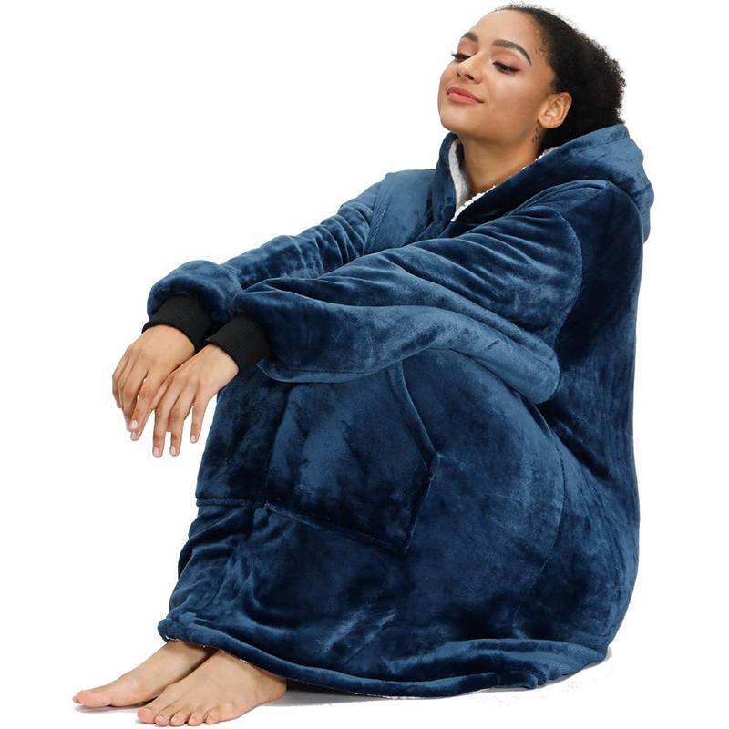 

Oversized Hoodie Blanket With Sleeves Sweatshirt Plaid Winter Fleece Hoody Women Pocket Female Hooded Sweat Oversize Femme, Blue