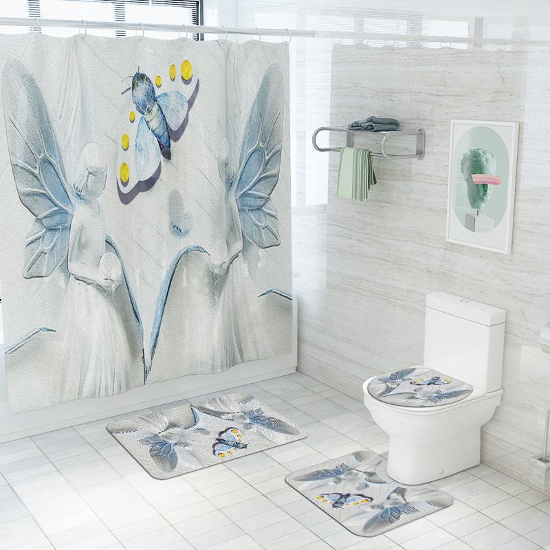 

Printed Bath Mat and Shower Curtain Set Microfiber Bathroom Mat Set Absorbent Bath Non-slip Toilet Seat Cover1