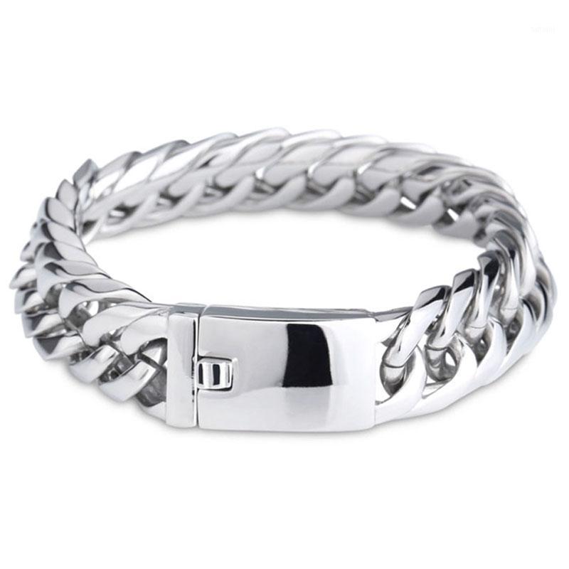 

Huge Bracelet Chain 316L Stainless Steel Silver Color Smooth Button Double Cuban Curb Link Chain Men's Boy's Bracelet Bangle1