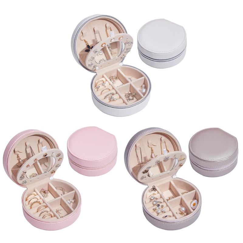 

Protable Travel Leather Mini Round Bracelet Box Earrings Necklace Organizer Case