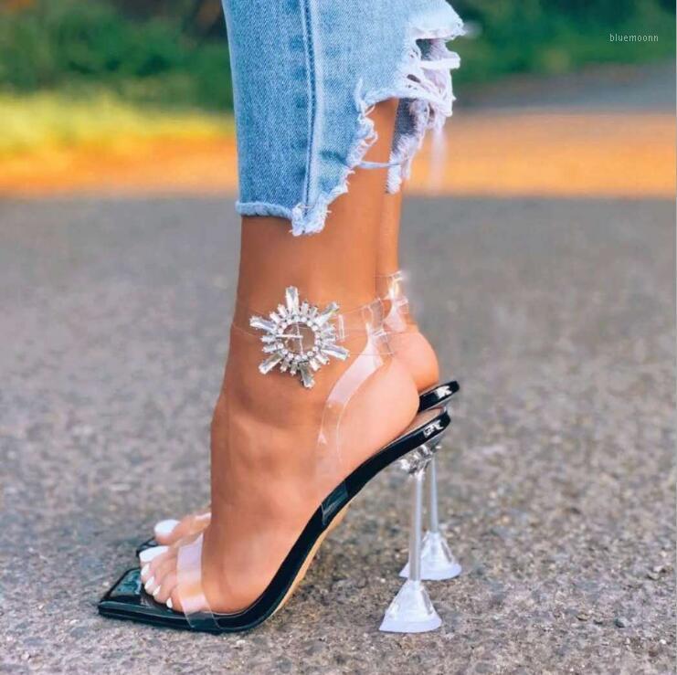 

2020 autumn new women transparent high-heeled rhinestone buckle PVC sandals outdoor banquet all-match fashionable slippers1, Black