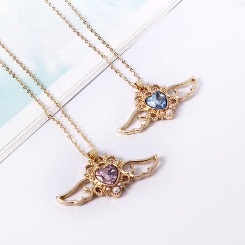

Janpense Style Gold Color Pendant Necklace Long Chain Blue Pink Crystal Heart Angel Wing Necklace For Kids Girls Children Gitfs