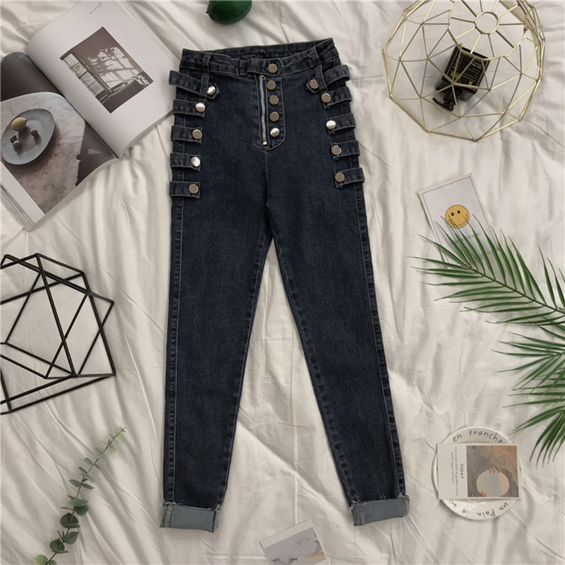 

Mode of design metal button fly brim women streetwear thin waist high denim ankle-length pencil pants, Blake