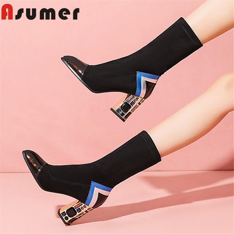 

Asumer 2020 hot sale autumn winter stretch boots woman crystal high heel party wedding shoes pointed toe ankle boots women1, Black with fur