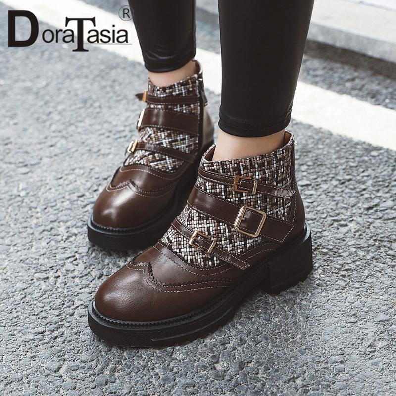 

DORATASIA Ins Lady Round Toe Boots Casaul Office Zipper Mixed Colors Boots Women Low Heels Buckle Belt Decoration Shoes Woman, Black