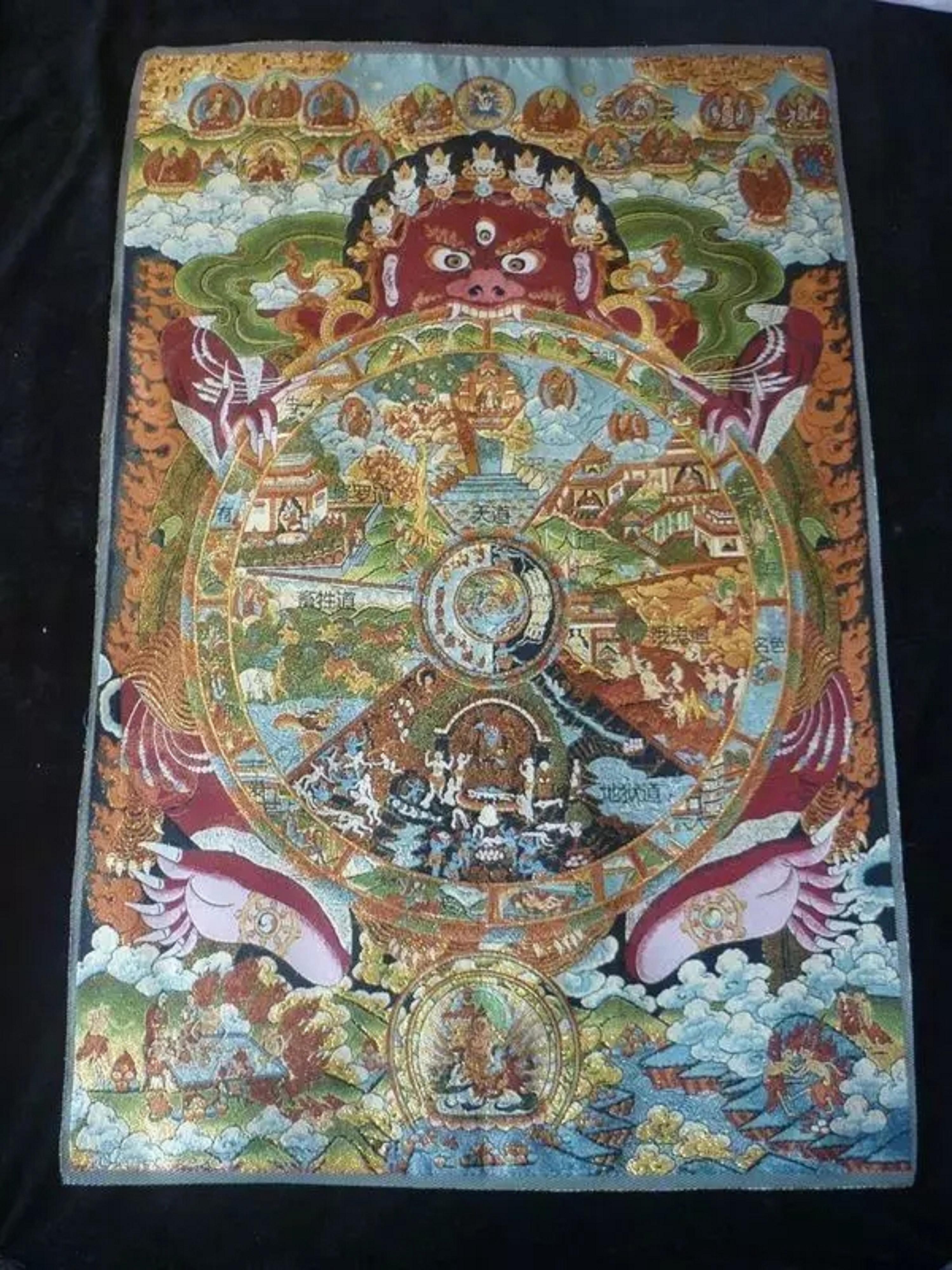 

Vintage Wheel of Life Art Print of Tibetan Exquisite Chinese Tibetan Buddhist Silk Inwrought Buddha Thangka
