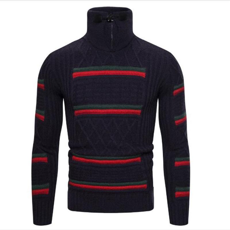 

Autumn Winter Men High Collar Striped Long Sleeve Pullovers Fashion Casual Thick Hair Sweater Black Dark Blue -2XL