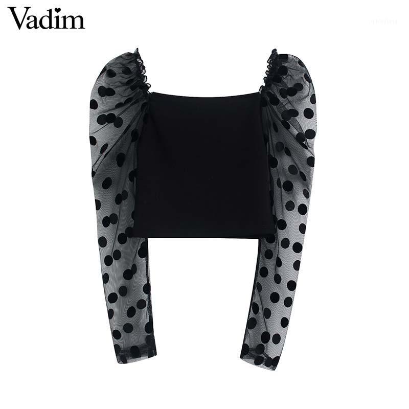 

Vadim women chic polka dots knitted patchwork blouse long sleeve silm fit black shirts female causal chic crop tops blusas LB7611, As picture