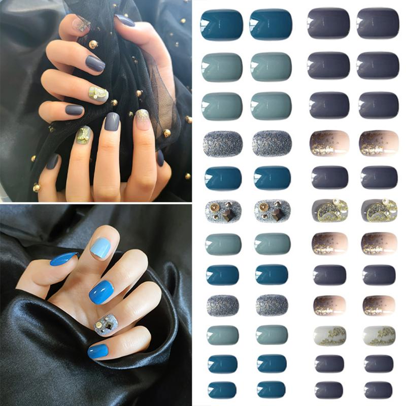 

24Pcs/Set Haze Blue Short False Nails Full Cover Detachable Glitter Fake Nails Manicure Press On DIY Fake