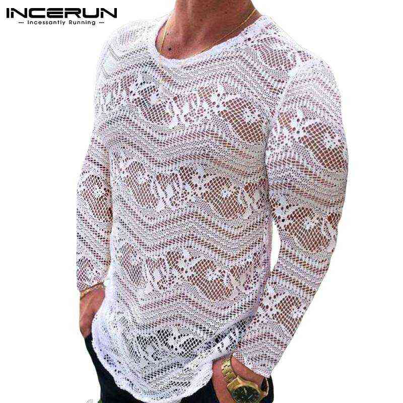 

INCERUN Men Mesh T Shirt Transparent O Neck Long Sleeve Streetwear Lace Sexy Party Nightclub 2021 Men Clothing Fashion Camisas Y0210, White