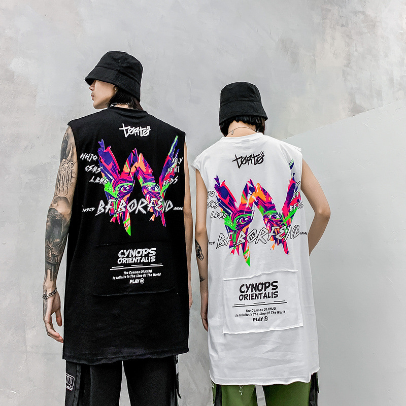 

European and Printing American Male Vest Street Cool Loose Hip-hop Fashion Sleeveless T-shirt Cotton Couple 1mu6, Black