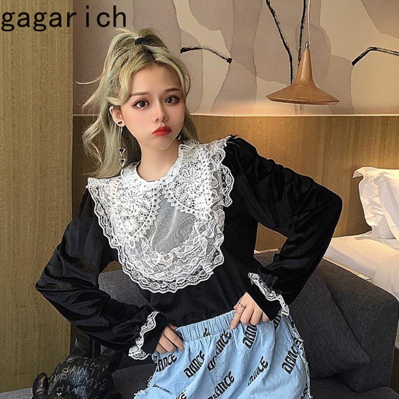 

Gagarich Women T-Shirt 2021 Spring Autumn French Sweet Vintage Temperament Female Lace Floral Stitching Design Velvet T-Shirts, Black