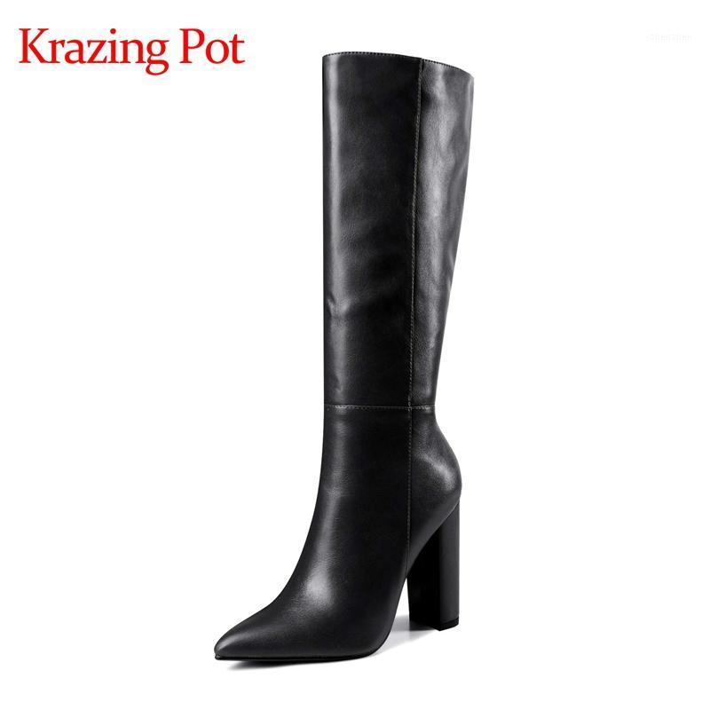 

Krazing pot 2020 new arrival western boots pointed toe super high heel colorful European style fashion zip knee-high boots L301, Beige