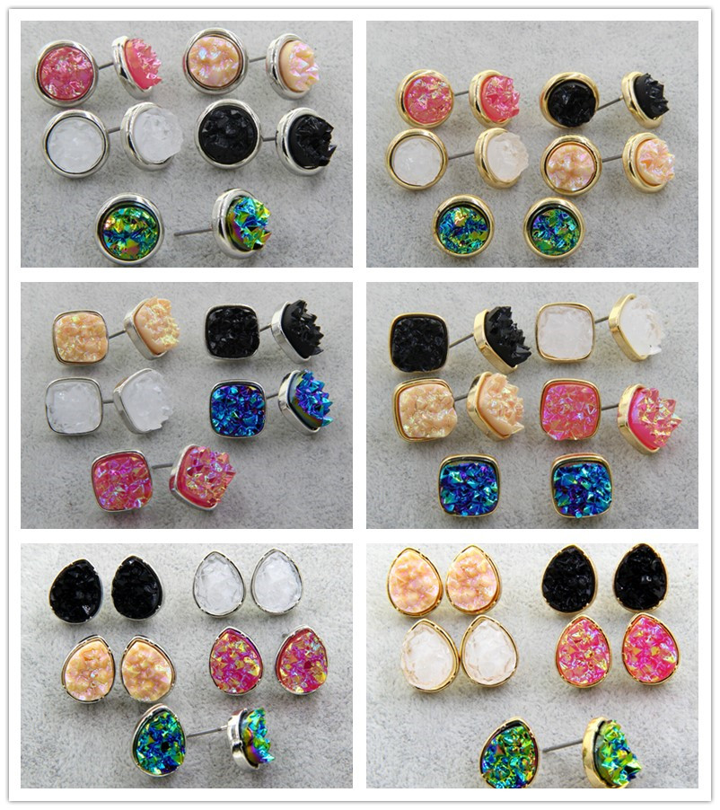 

Teardrop Square Round Druzy Drusy Earrings Gold Plated Mini Resin Stud Earrings Christmas gift