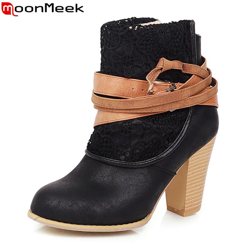 

MoonMeek 2020 plus size 34-43 pu leather ankle boots thick high heels round toe ladies shoes winter 2 colors women boots, Black