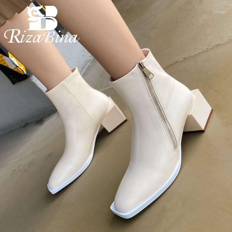 

RIZABINA Real Leather Women Ankle Boots Side Zipper Thick Heel Shoes Square Toe Warm Boots Party Women Footwear Size 34-391, Black
