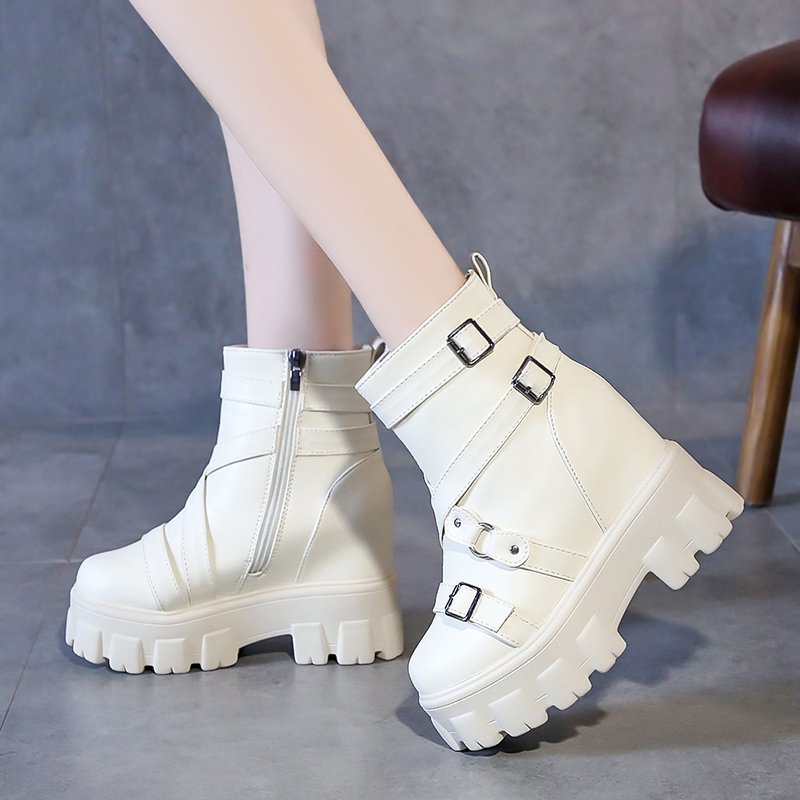 

Lucyever black white chunky ankle for women double buckle heels hidden wedges woman shoe platform motorcycle boots IP0C