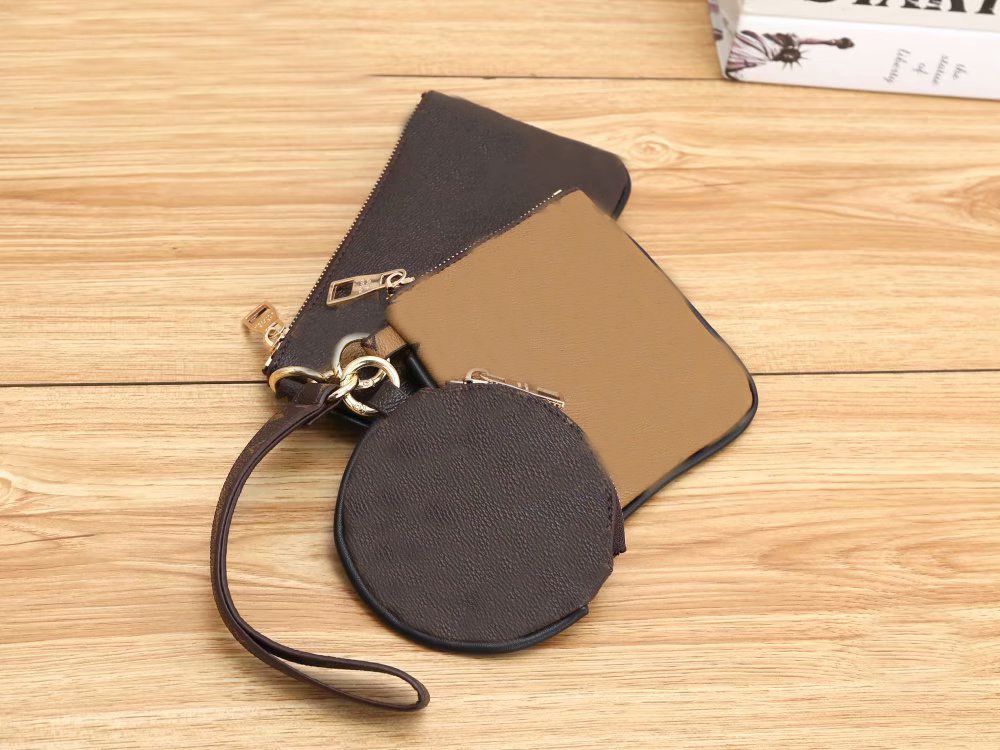 

Designer Coin Purses Set 3pcs sets Waistlet Change Pouch Round Square Zippy Wallets Reverse Colors Golden Zipper Flower Wristband, Brown