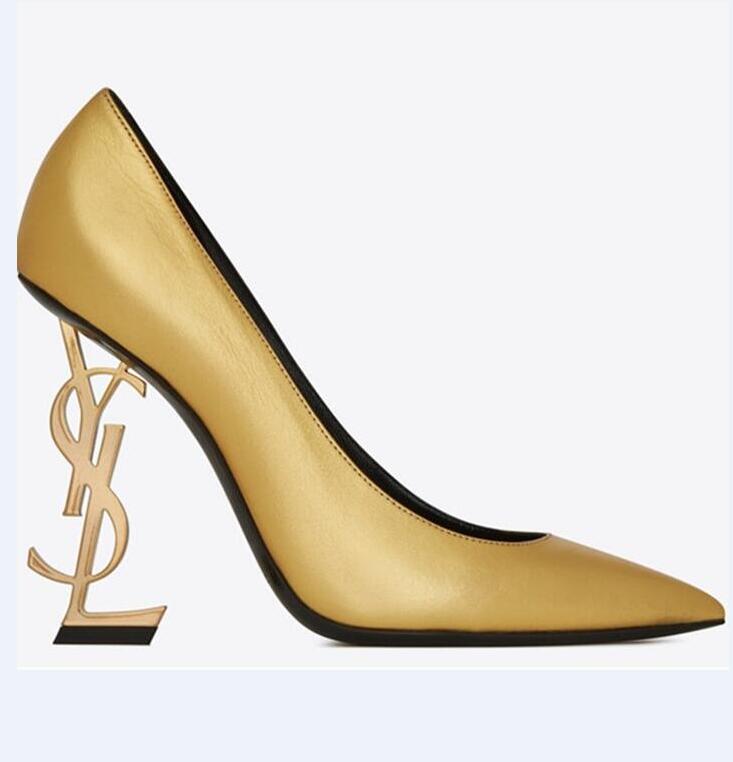 

2020 New Sexy Heel letters Wedding Shoes Real leather Women Pumps 8.5-10.5CM Fashion Point Toe High Heels Shoes Women Office Dress Shoes, Black/gold