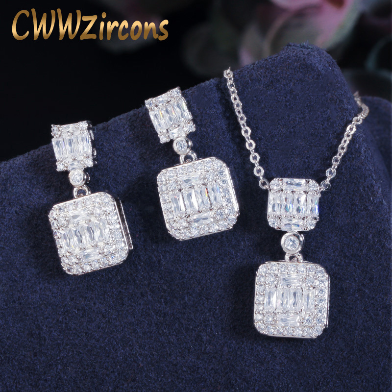

CWWZircons Exquisite Shiny Baguette White Cubic Zirconia Fashion Brand Ladies Earring Pendant Necklace Chic Jewelry Sets T469 201222