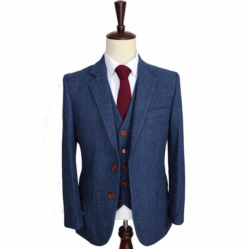 

3 Piece Wool Blue Herringbone Retro Gentleman Style Custom Made Men's Suits Formal Blazer Suits (Jacket+Pant+Vest