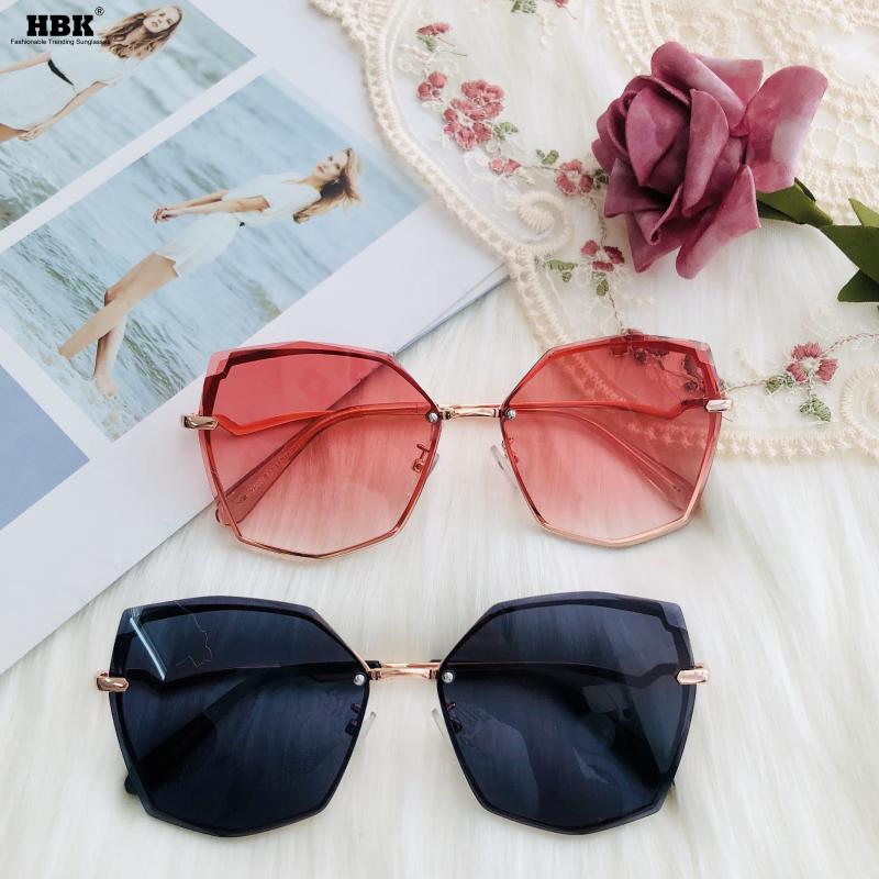 

HBK Fashion Rimless Sunglasses Women Pink Shades Brand Design Irregualr Frameless Traveling Style UV400 Gold For Men Outside
