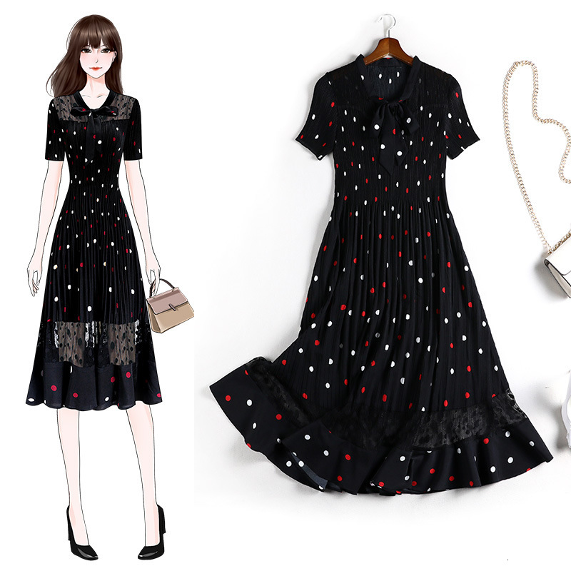 

Chiffon Polka Dot Plus Female Size 6l Long Women's Clothes New Style 10958 Dress 49un, Black