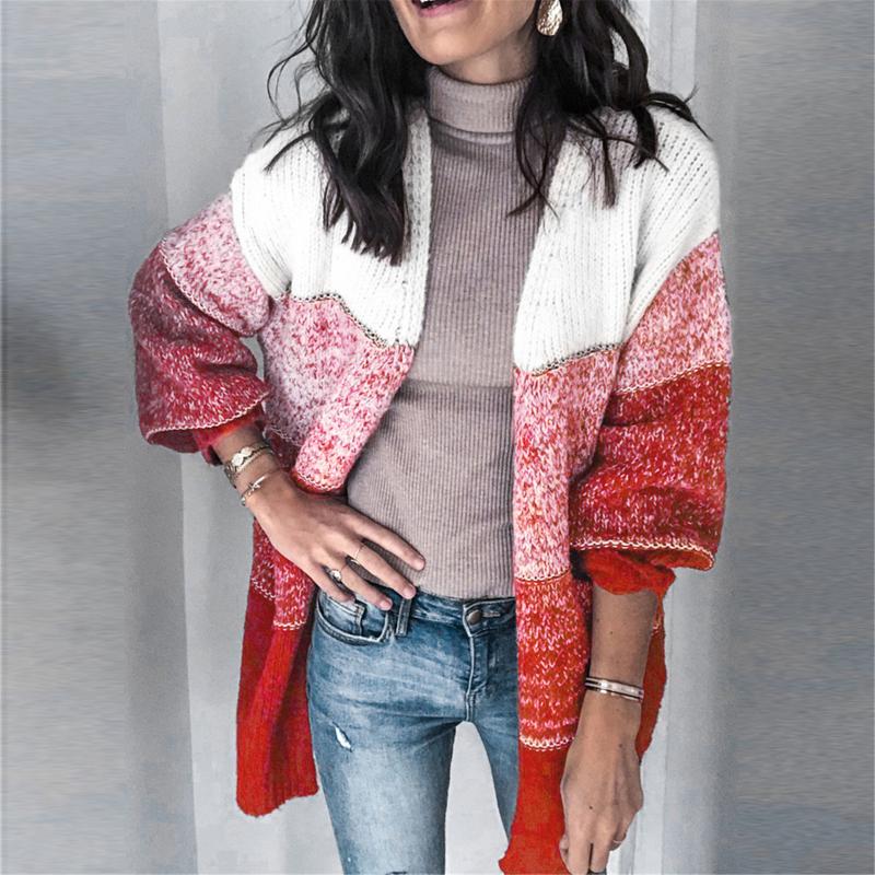 

Womens Boho Patchwork Cardigan Long Sleeve Open Front Knit Sweaters Coat Pockets Fashion Atmosphere Round Neck Simple Short, Gray