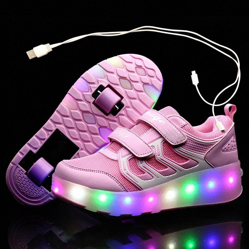 

New Pink Black USB Charging Fashion Girls Boys LED Light Roller Skate Shoes For Children Kids Sneakers With Wheels Two wheels #bj3h