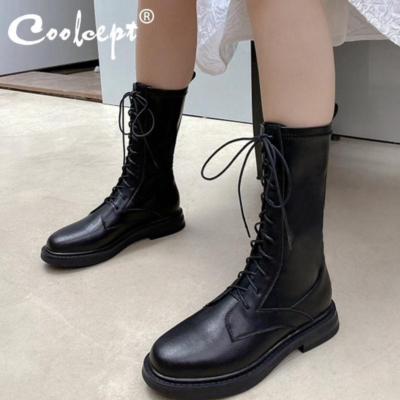 

Coolcept New Flat Boots Women Real Leather Lace Up Autumn Winter Shoes Woman Fashion Mid Calf Boots Woman Footwear Size 33-401, Black