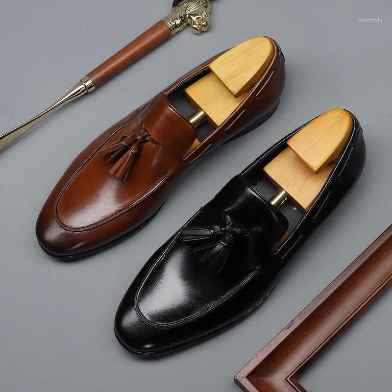 

HANMCE 2020 Mens Street Fashion Tassel Loafers Genuine Leather Brown Formal Shoes Party Wedding Men Dress Casual Footwear1, Black