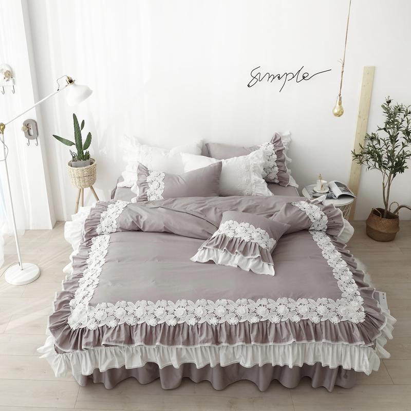 

Pure cotton lace Bedding Sets gray Japanese Duvet Cover luxury Bed Linen princess bed skirt  queen king wedding bedclothes, Style4