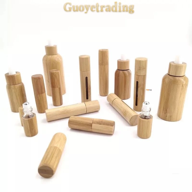 

essential oil bottle perfume bottles bamboo case and lid inner droppers galss or roll-on function cap for facial massage 3ml 5ml 10ml capacities personal care packing