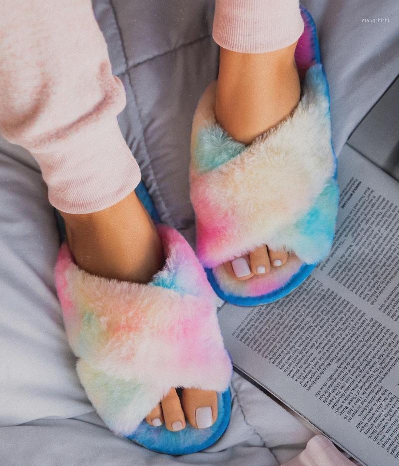 

Winter Hot Home Furry Slippers Women Faux Fur Soft Warm Flats Slip on House Multicolor Slides Footwear Plus Size 36-43 Whosale1, Rainbow