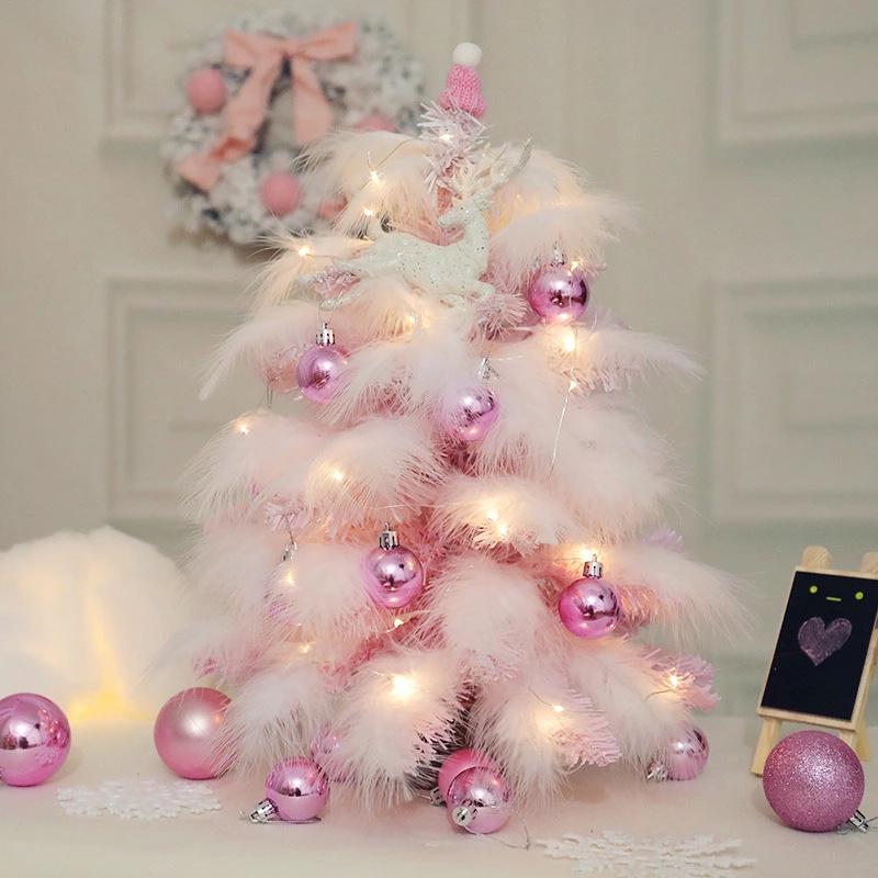 

Feather Christmas Tree with Shiny Ball Decoration Glitter Deer Mini Light String Holiday Dress Up Decorations Cute