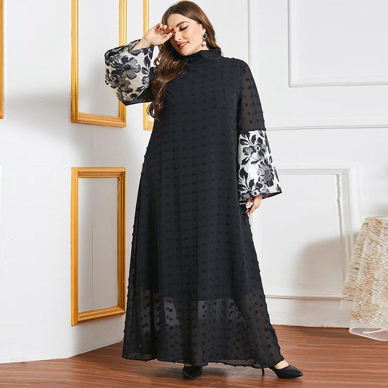 

American ethnic oversized loose black long dress embroidered bat sleeve round neck pullover mother dress Muslim women