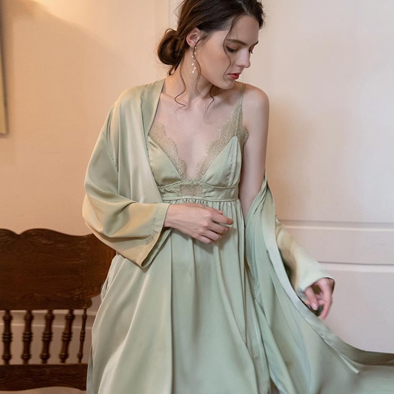 

2020 Robes Sets Solid Kimono 2pcs Robe Fashion Bathrobe Sleepwear Peignoir Wedding Robes Bridesmaid H379, Green
