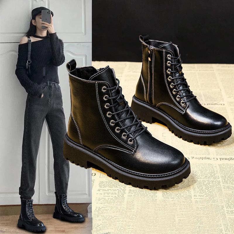 

Boots Women New 2020 Female Shoes Lace Up Flat Heel Luxury Designer Round Toe Black Ladies Riding Rock Lolita Rubber Fashion