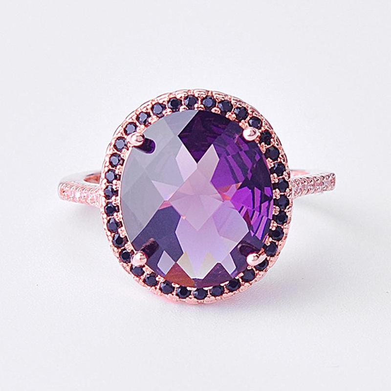 

Oval purple crystal amethyst gemstones zircon diamonds rings for women rose gold color jewelry bijoux bague fashion party gifts