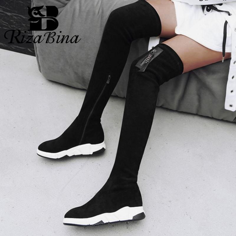 

RIZABINA 2020 Real Leather Women Over Knee Boots Black Zipper Stretch Boots Round Toe Comfortable Shoes Women Size 34-391