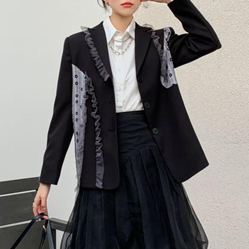 

Korean Version Japanese Casual Blazer Autumn Winter The New Fashion Casual Lace Splicing Single-breasted Lapel Long Sleeve1, Black