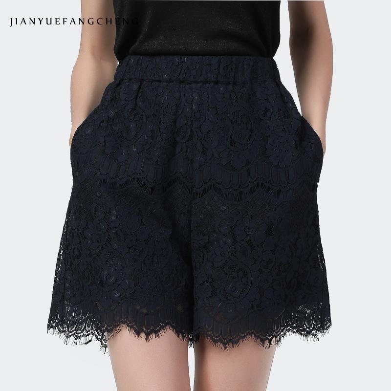 

Fashion Ladies Blue Lace Shorts Elastic Waist Plus Size Hollow Out Floral Shorts Loose Thin 2020 Summer Women Casual Bottoms