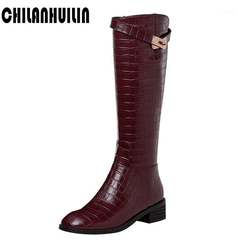 

chunky high heel woman boots print cow leather knee high boots pointed toe long zip ladies brand autumn winter woman1, Black