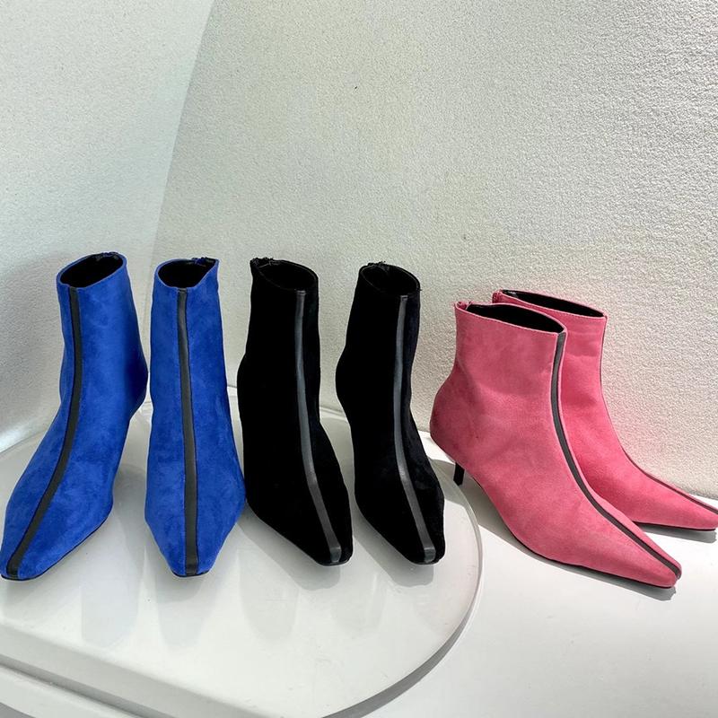 

DXFAN Mixed Colors Stretch Suede Sock Boots Women Kitten Heel Sexy Pointed Toe Ankle Boots for Women Patchwork Designer, Black